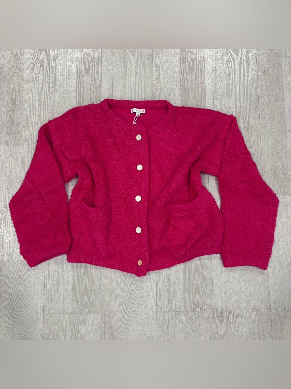 L Love Magenta Pink Sherpa Knit Button Front Cardigan Size Large